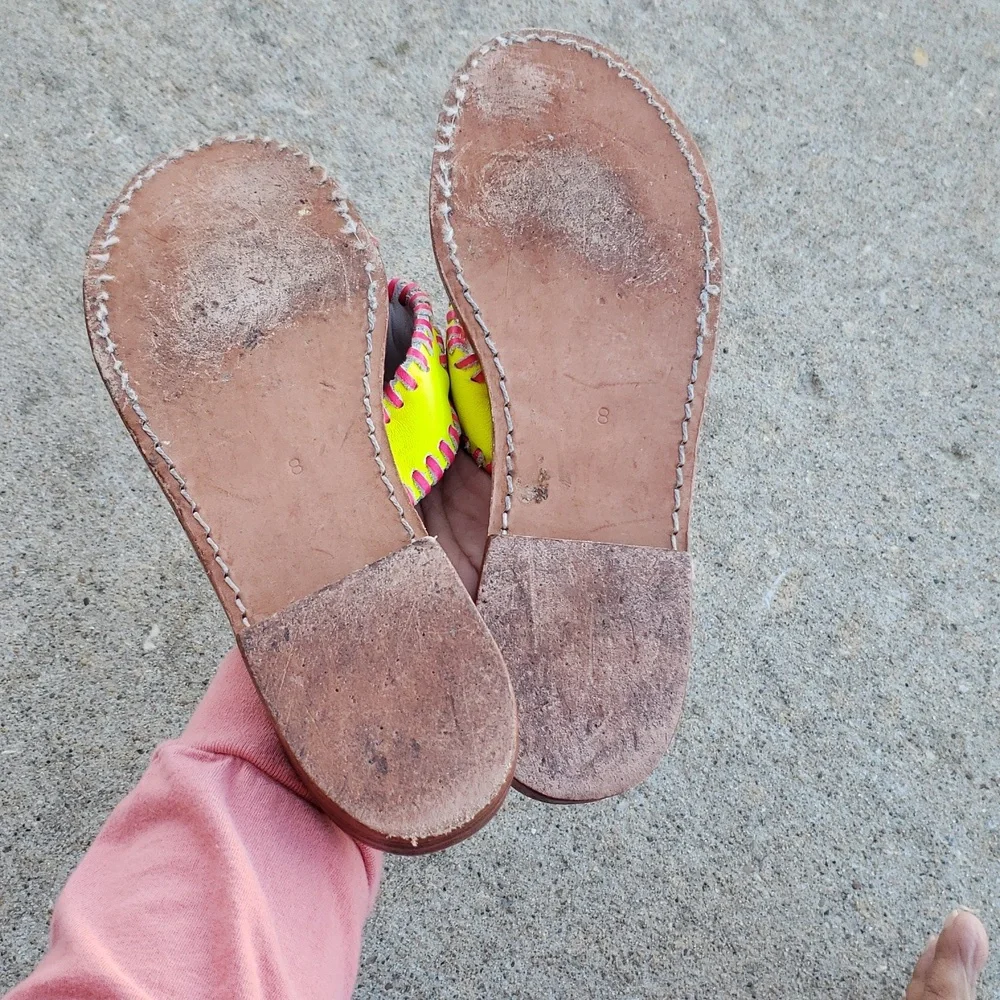 Palm Beach Handmade Leather Neon Green Pink Sandals Size 8 Beachy Tropical USA - Picture 5 of 16